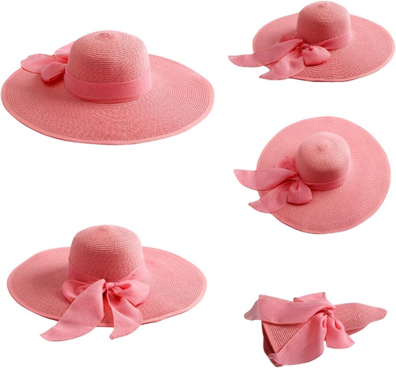 Lanzom Womens 5.7 Inches Big Bowknot Straw Hat Large Floppy Foldable Roll up Beach Cap Sun Hat UPF 50+ - Image 2